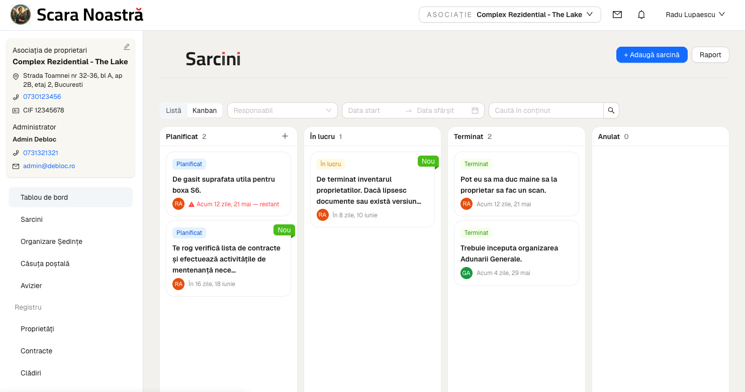 Captură din aplicație: sarcini