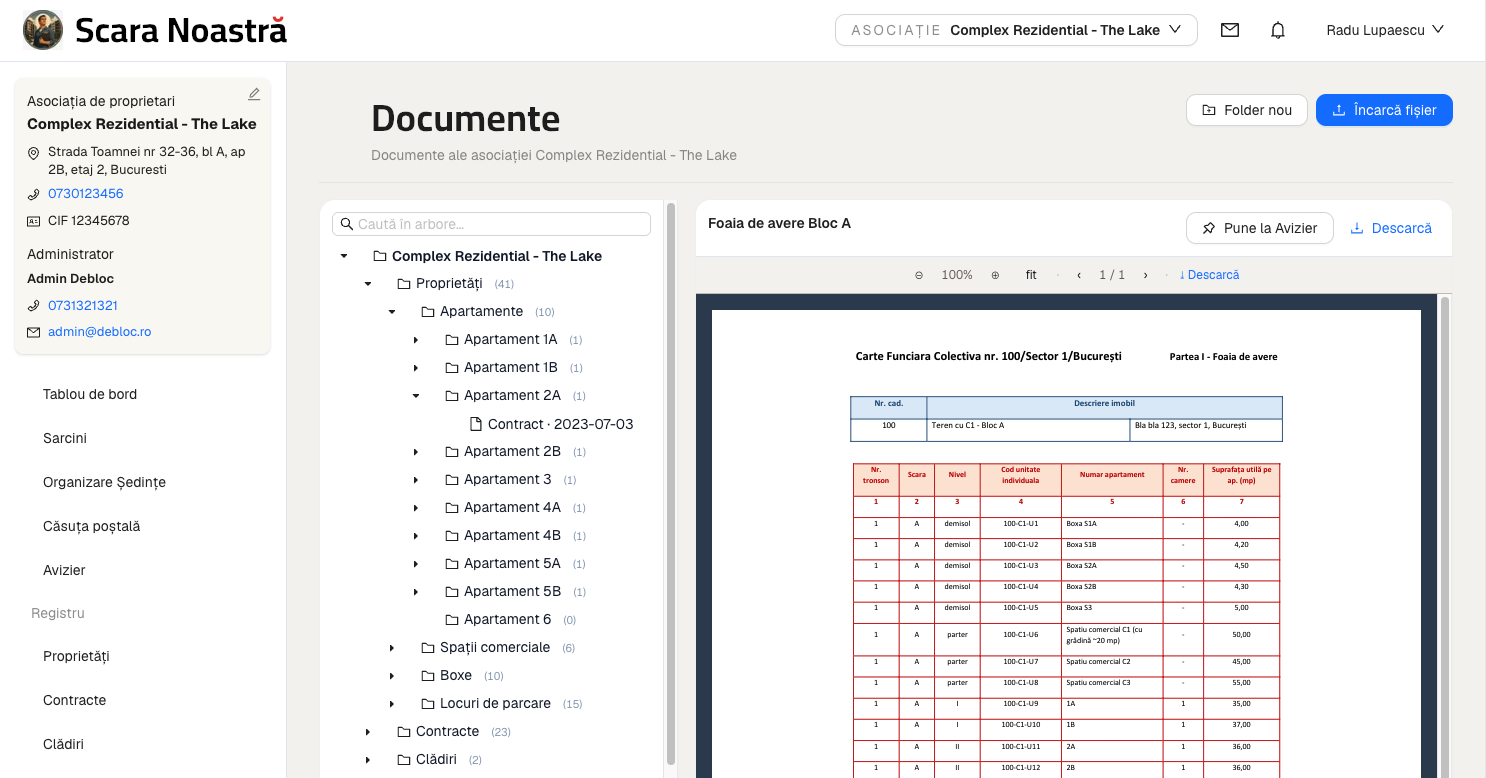 Captură din aplicație: managementul documentelor
