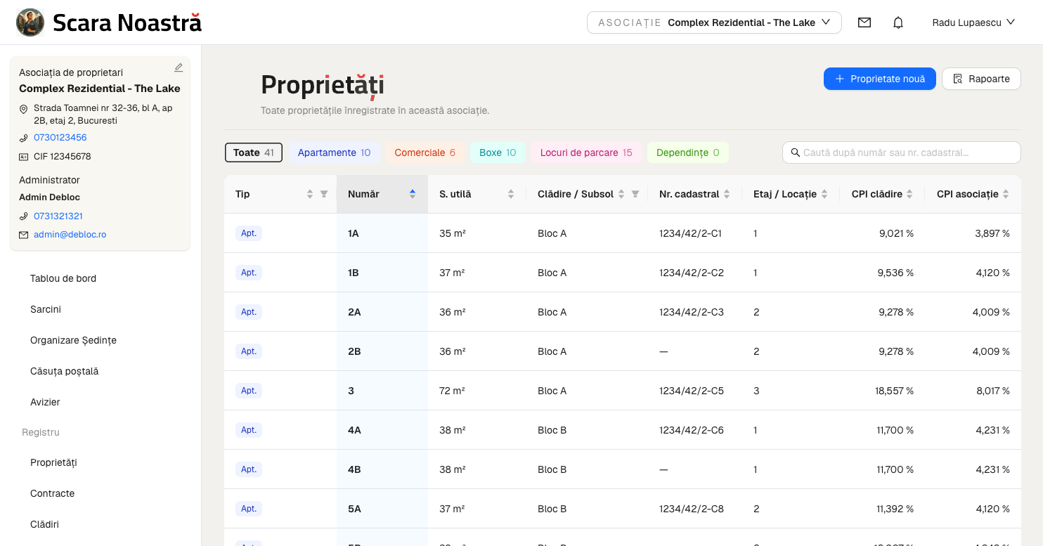Captură din aplicație: lista proprietăților