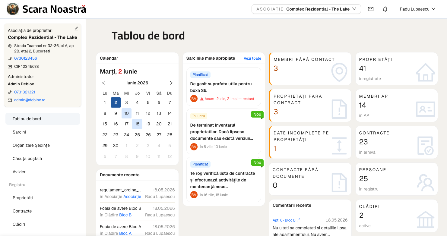 Captură din aplicație: tabloul de bord al asociației